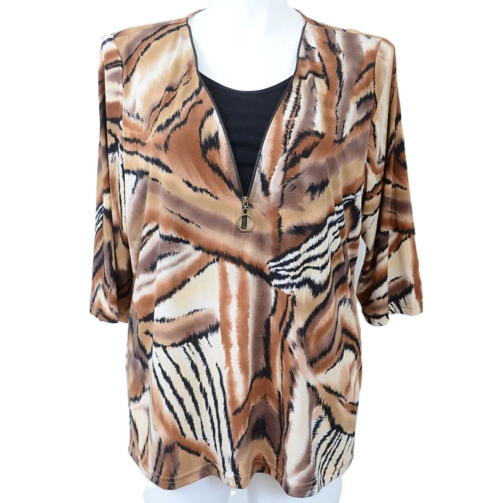 Avenue PLUS Size 18/20 Stretchy Zip Down Tiger Stripe 3/4 Sleeve Blouse Top
